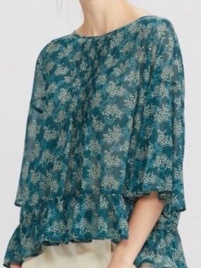 Anna Sui x Uniqlo Floral Chiffon Top Blouse Teal Blue Sheer Boho Size Medium